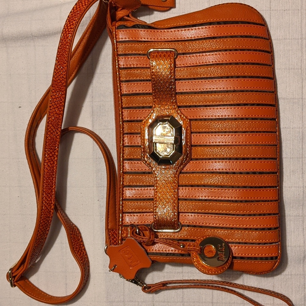 Marc Chantal Leather Orange Clutch/ Shoulder Bag